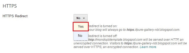 Turn on Blogger HTTPS Redirect